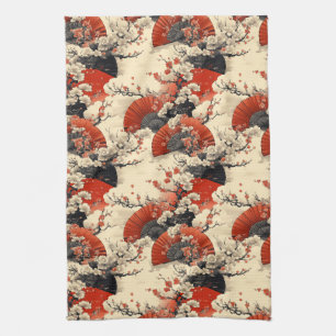 Japanese Cherry Blossom Fan Pattern (5) Tea Towel