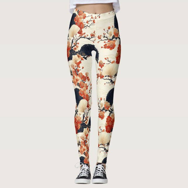Japanese Cherry Blossom Fan Pattern (6) Leggings (Front)