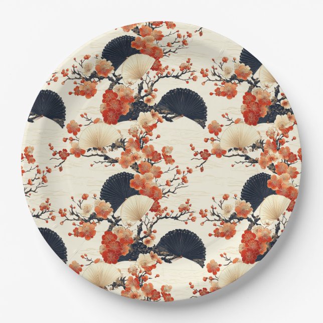 Japanese Cherry Blossom Fan Pattern (6) Paper Plate (Front)