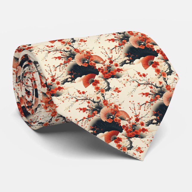 Japanese Cherry Blossom Fan Pattern (7) Tie (Rolled)