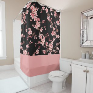 Japanese Cherry Blossom Floral Blush Pink Black Shower Curtain