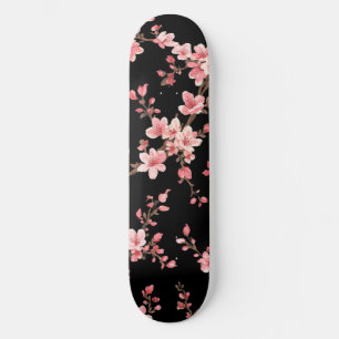 Japanese Cherry Blossom Floral Blush Pink Black Skateboard