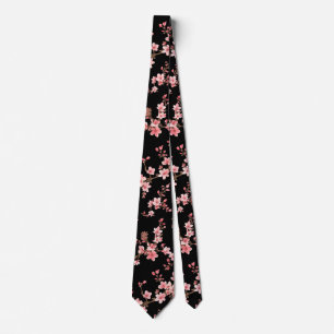 Japanese Cherry Blossom Floral Blush Pink black  Tie