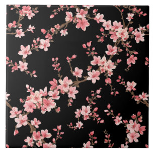 Japanese Cherry Blossom Floral Blush Pink Black Tile