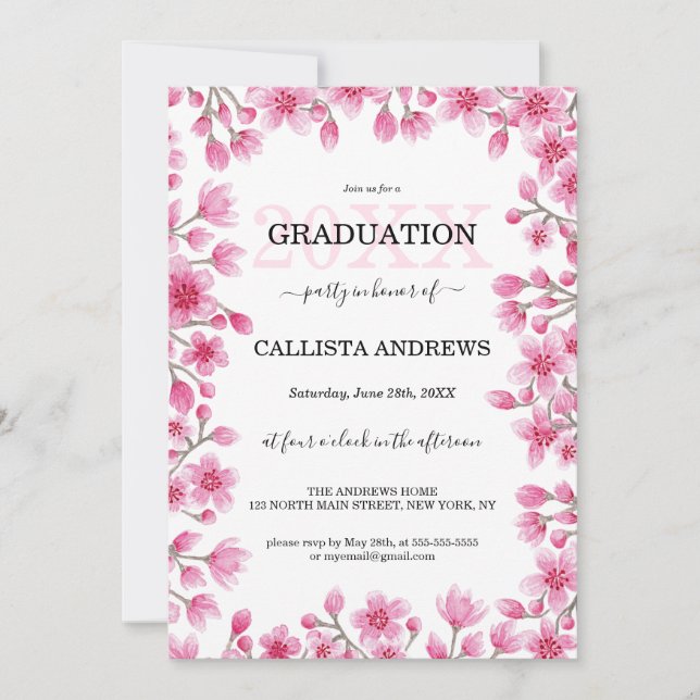 Japanese Cherry Blossom Floral Border Graduation Invitation (Front)