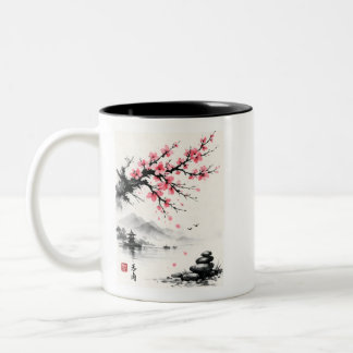 Japanese Cherry Blossom Ink Wash Painting - Zen Two-Tone Coffee Mug