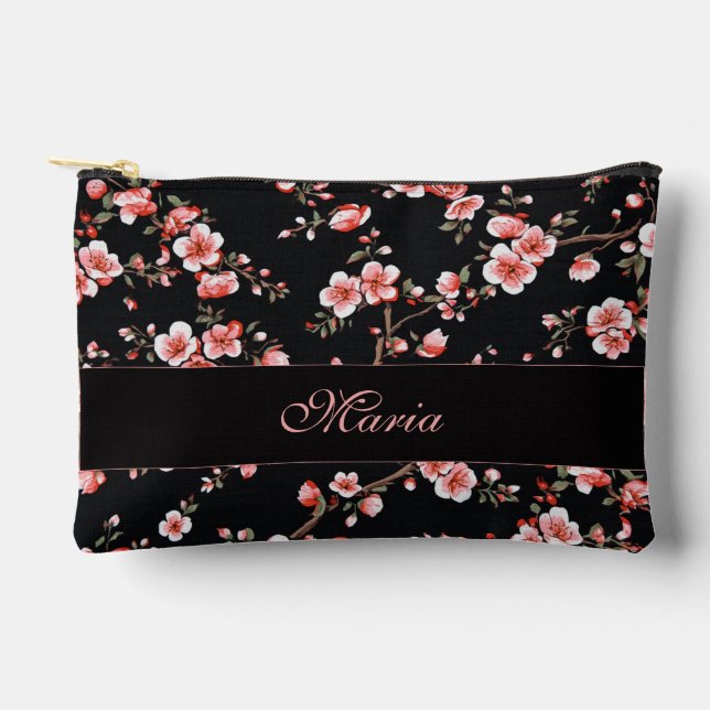 Japanese Cherry Blossom monogram Blush Pink Black Accessory Pouch (Front)