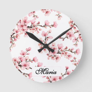 Japanese Cherry Blossom monogram Blush Pink Blue Round Clock