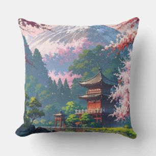 Japanese Cherry Blossom Mount Fuji Landscape Throw Cushion