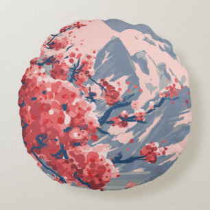Japanese Cherry Blossom & Mountain Artwork Round Cushion