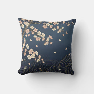 Japanese Cherry Blossom Navy Gold Wave Pattern Cushion