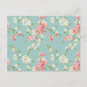 Japanese,cherry blossom,teal,white,pink,floral,fun postcard