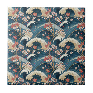 Japanese Cherry Blossom & Waves Floral Pattern Art Tile