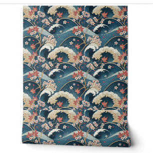 Japanese Cherry Blossom & Waves Floral Pattern Art Wallpaper