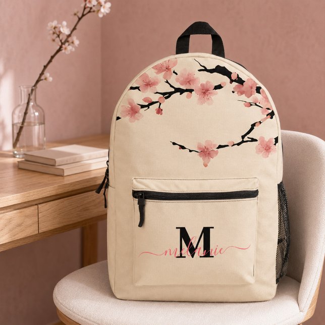 Japanese Cherry Blossoms Black Monogram Name  Printed Backpack (Japanese Cherry Blossoms Custom Monogram Name Printed Backpack)