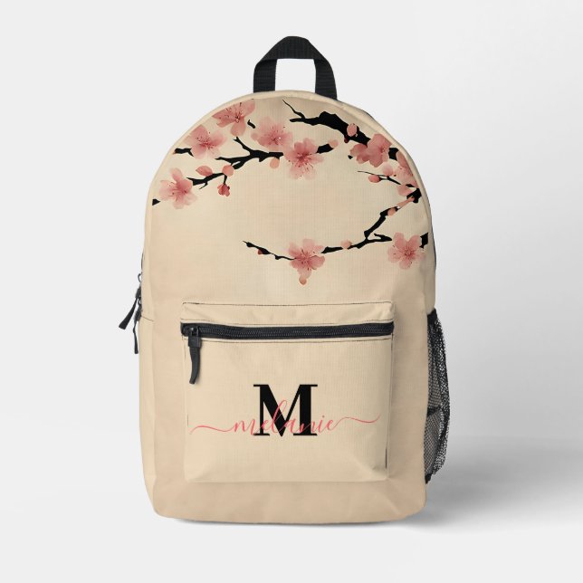 Japanese Cherry Blossoms Custom Monogram Name Printed Backpack (Front)
