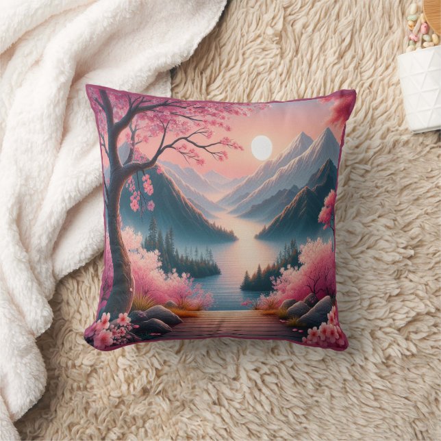 Japanese Cherry Blossoms Mountain Forest Landscape Cushion (Blanket)