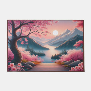 Japanese Cherry Blossoms Mountain Forest Landscape Doormat