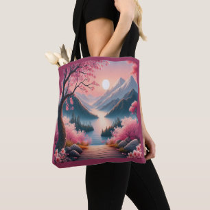 Japanese Cherry Blossoms Mountain Forest Landscape Tote Bag