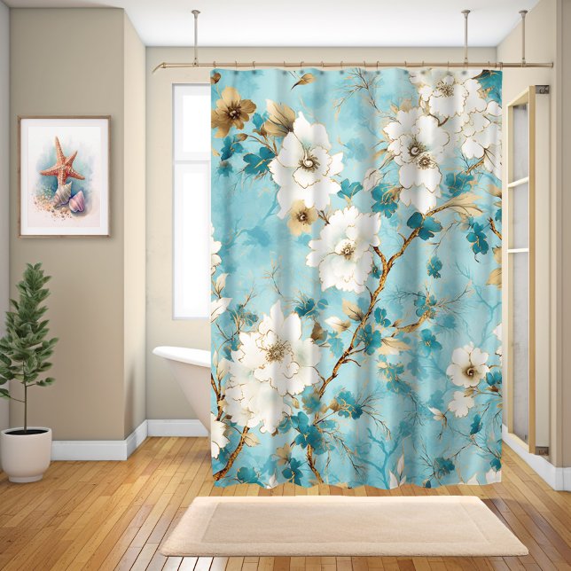 Japanese Cherry Blossoms Watercolor, Blue Shower Curtain (Creator Uploaded)