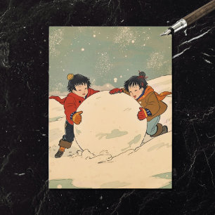Japanese children rolling big snow ball holiday postcard