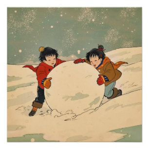 Japanese children rolling  big snow ball poster