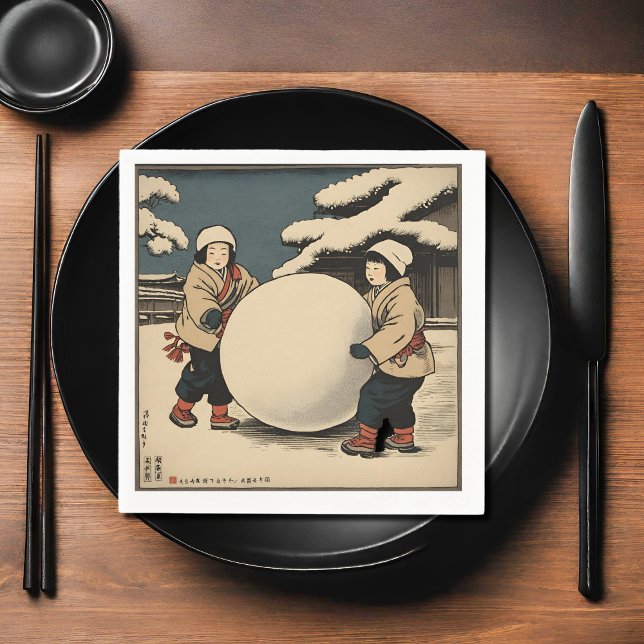 Japanese children rolling large snow ball napkin (Creator Uploaded)