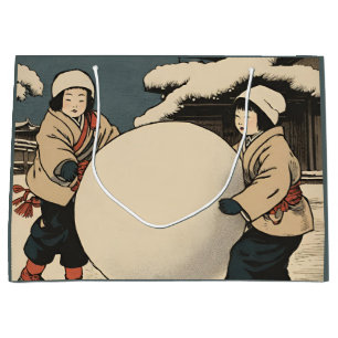 Japanese children rolling large snow balls gift bag