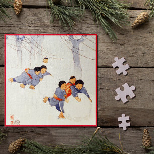Japanese children rolling large snow balls  jigsaw jigsaw puzzle