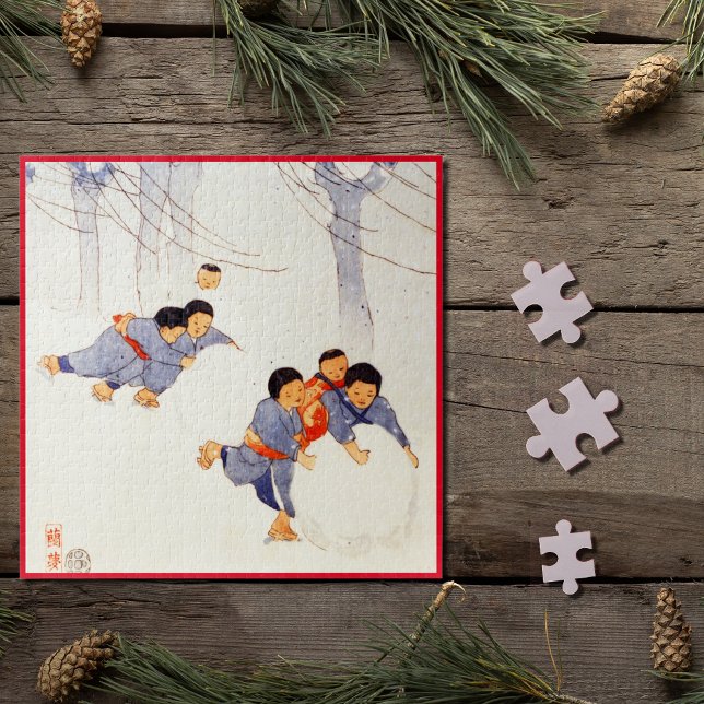Japanese children rolling large snow balls  jigsaw puzzle (Creator Uploaded)