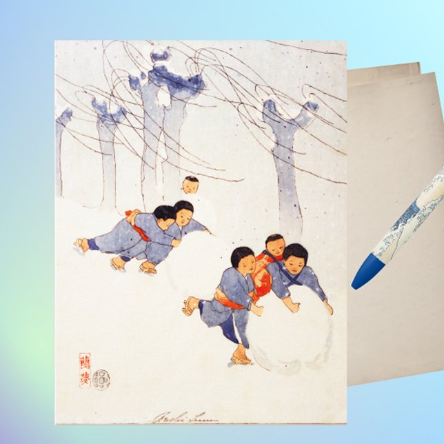 Japanese children rolling large snow balls postcard (Creator Uploaded)