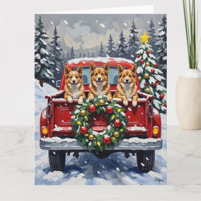 Japanese Chin Christmas Red Truck Holiday Card (Front)