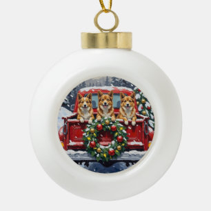 Japanese Chin Christmas Red Truck Holiday Ceramic Ball Christmas Ornament