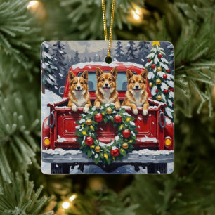 Japanese Chin Christmas Red Truck Holiday Ceramic Ornament