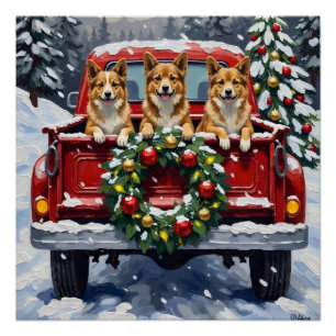 Japanese Chin Christmas Red Truck Holiday Poster