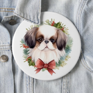 Japanese Chin Christmas Wreath Festive Pup 6 Cm Round Badge