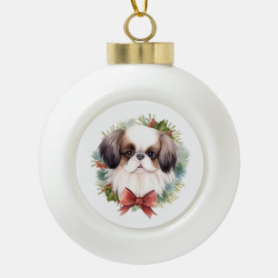 Japanese Chin Christmas Wreath Festive Pup Ceramic Ball Christmas Ornament