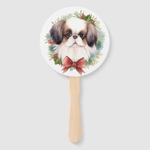 Japanese Chin Christmas Wreath Festive Pup Hand Fan