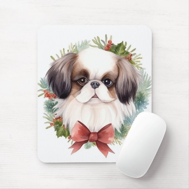 Japanese Chin Christmas Wreath Festive Pup Mouse Pad (With Mouse)