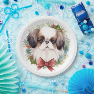 Japanese Chin Christmas Wreath Festive Pup Paper Plate