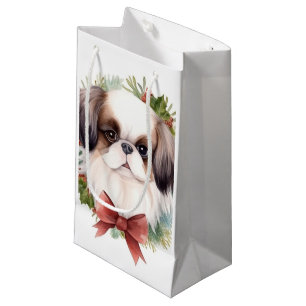 Japanese Chin Christmas Wreath Festive Pup Small Gift Bag