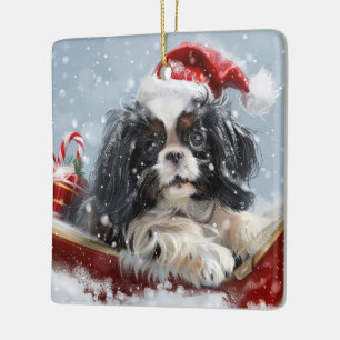 Japanese Chin Dog Christmas Festive Ceramic Ornament
