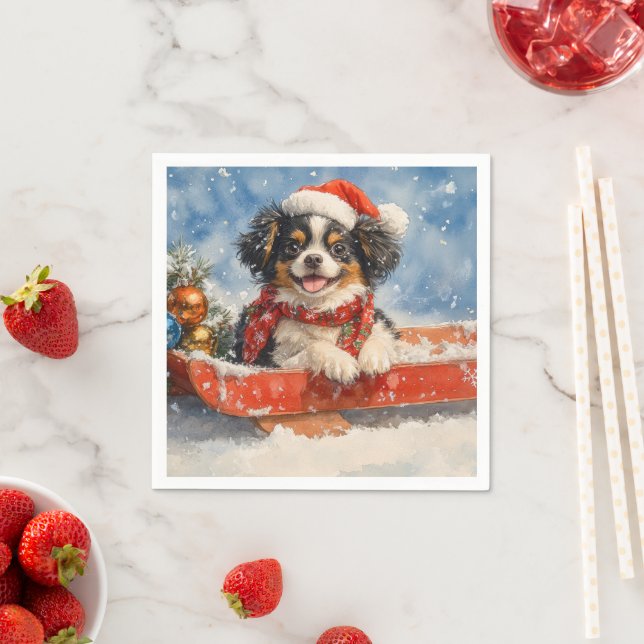 Japanese Chin Dog in Sledge Let it Snow Christmas Napkin (Insitu)