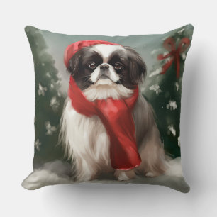 Japanese Chin Dog in Snow Christmas Cushion