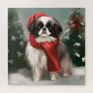 Japanese Chin Dog in Snow Christmas Jigsaw Puzzle