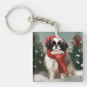 Japanese Chin Dog in Snow Christmas  Key Ring