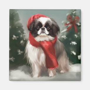 Japanese Chin Dog in Snow Christmas  Magnet