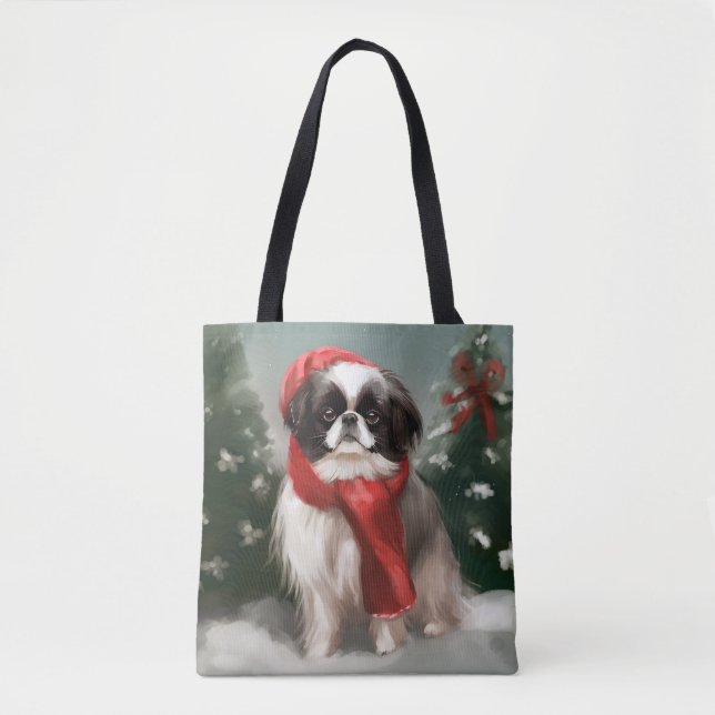 Japanese Chin Dog in Snow Christmas  Tote Bag (Front)