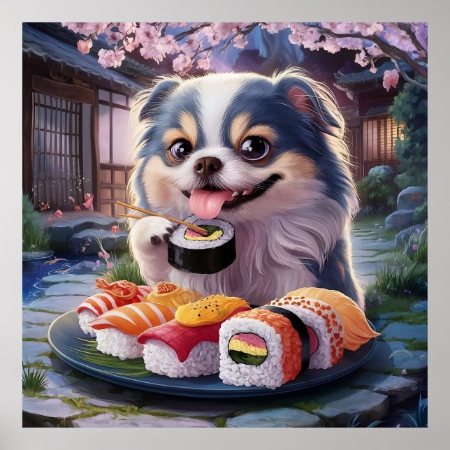 Japanese Chin  Dog Puppy Eating Sushi Poster (Front)