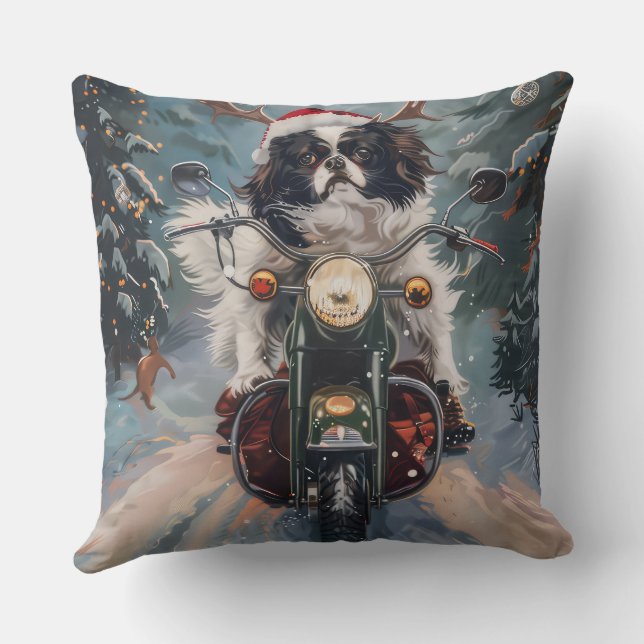 Japanese Chin Dog Riding Motorcycle Christmas Cushion (Back)
